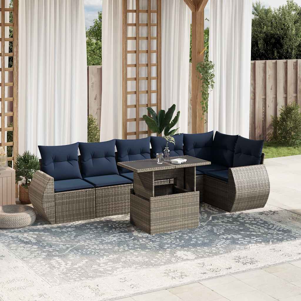 Set Divani da Giardino 7 pz con Cuscini Grigio in Polyrattan | homemem39