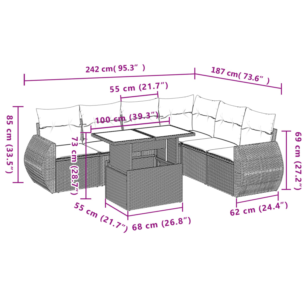 Set Divani da Giardino 7 pz con Cuscini Marrone in Polyrattan | homemem39