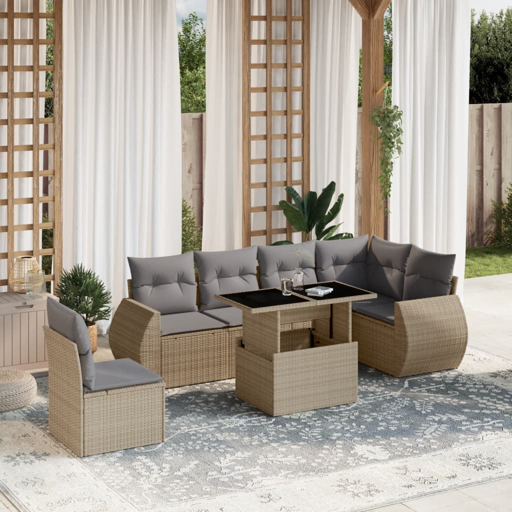 Set Divani da Giardino 7 pz con Cuscini Beige in Polyrattan | homemem39