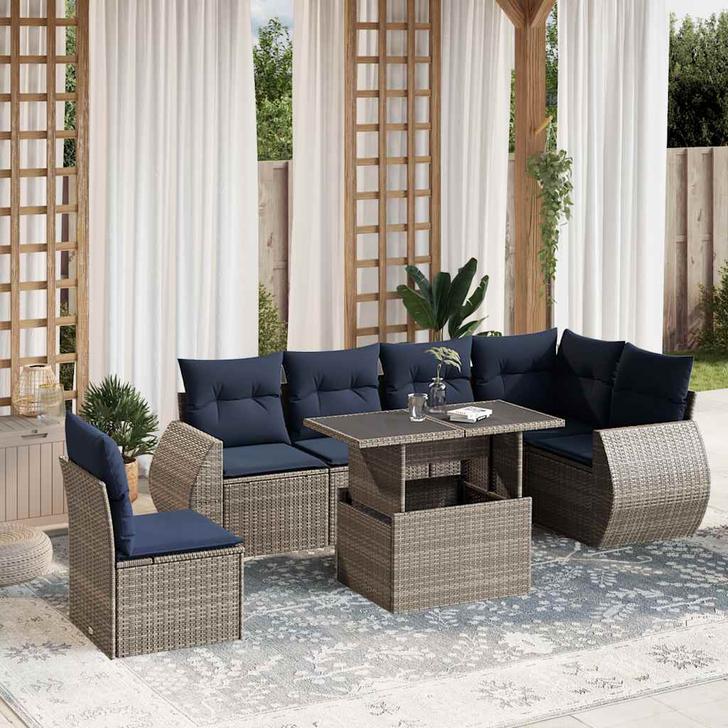 Set Divani da Giardino 7 pz con Cuscini Grigio in Polyrattan