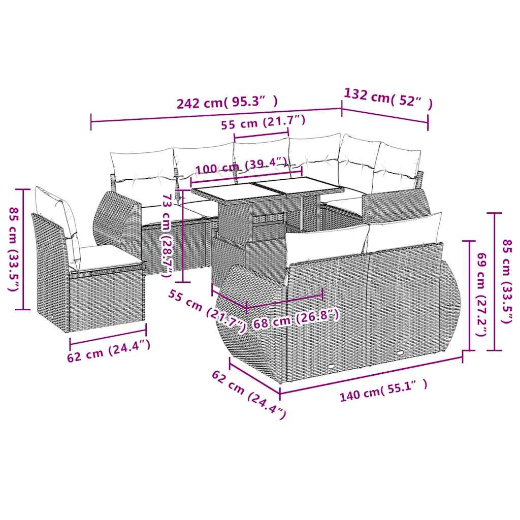 Set Divani da Giardino 9 pz con Cuscini Nero in Polyrattan | homemem39