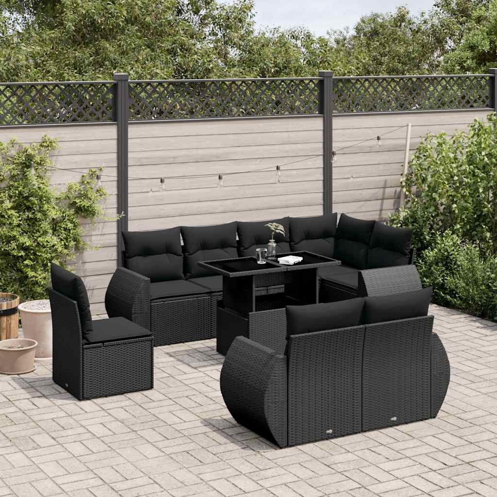 Set Divani da Giardino 9 pz con Cuscini Nero in Polyrattan - homemem39