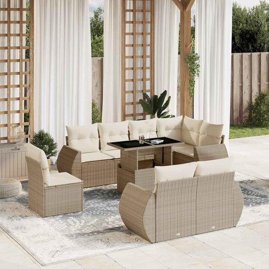 Set Divano da Giardino 9 pz con Cuscini Beige in Polyrattan - homemem39