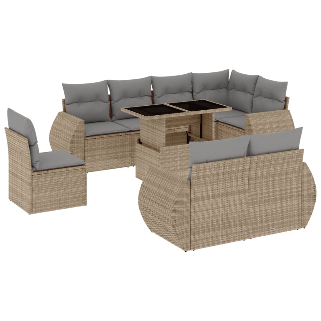 Set Divano da Giardino 9 pz con Cuscini Beige in Polyrattan | homemem39