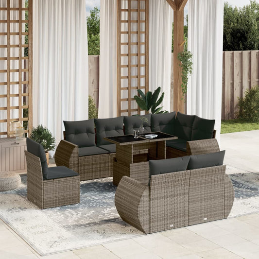 Set Divano da Giardino 9 pz con Cuscini Grigio in Polyrattan - homemem39
