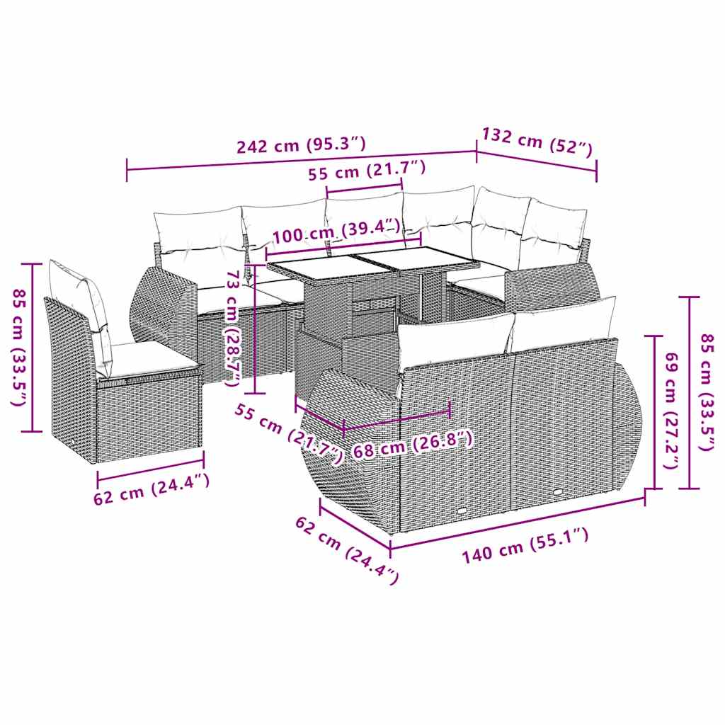Set Divano da Giardino 9pz con Cuscini Grigio Chiaro Polyrattan - homemem39