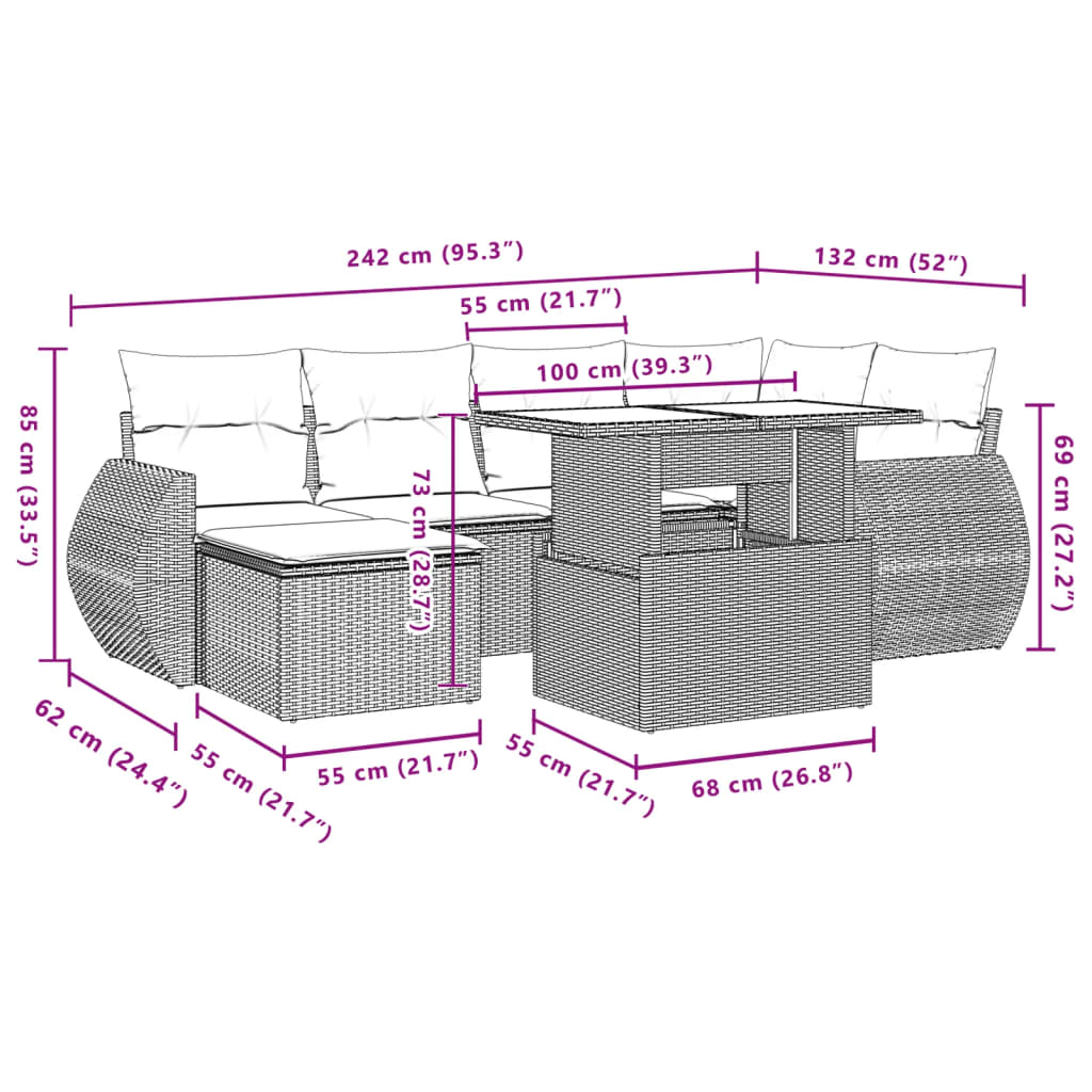 Set Divani da Giardino 7 pz con Cuscini Marrone in Polyrattan | homemem39