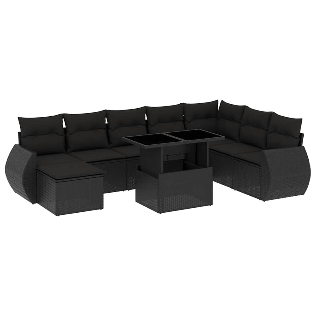 Set Divani da Giardino 9 pz con Cuscini Nero in Polyrattan - homemem39