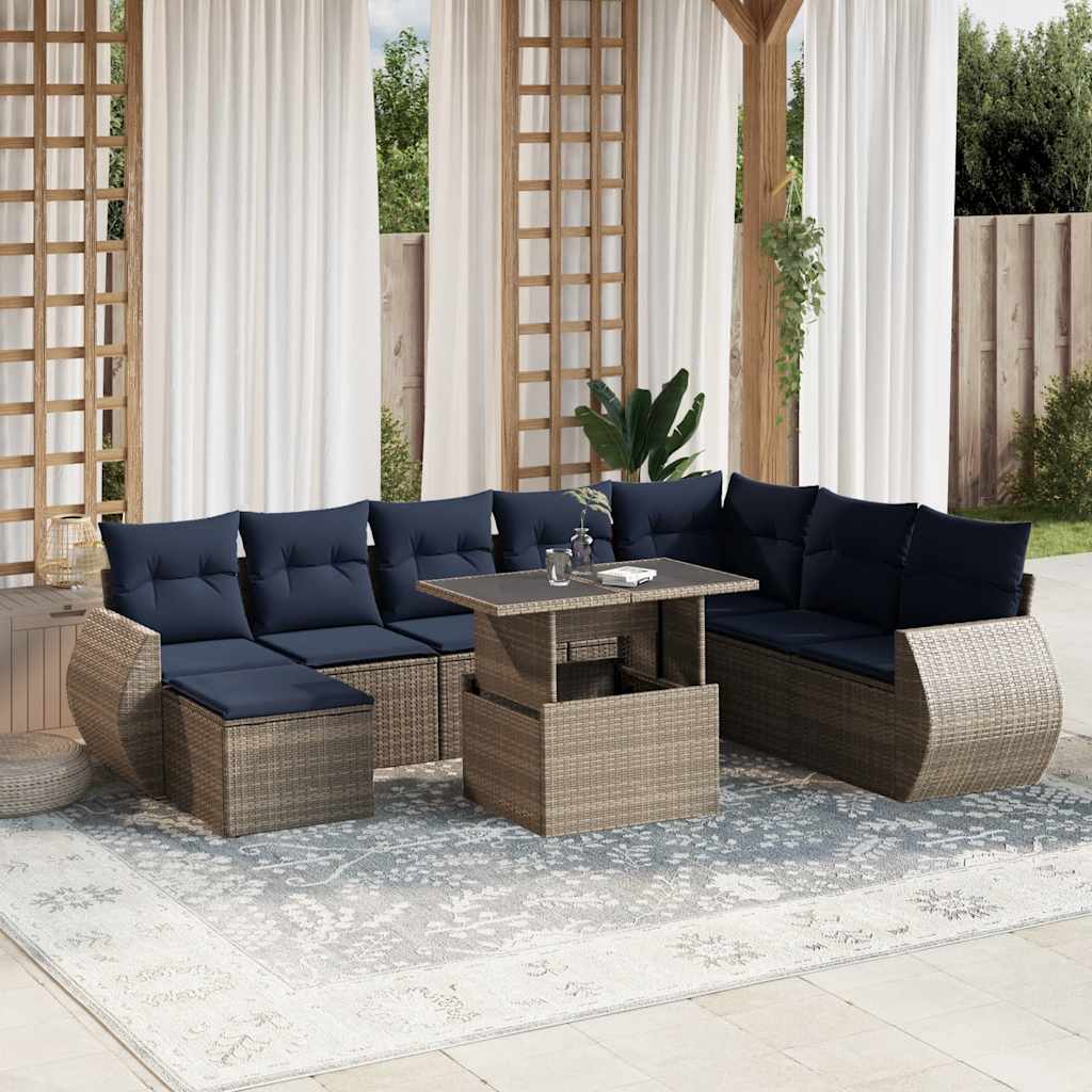 Set Divani da Giardino 9 pz con Cuscini Grigio in Polyrattan | homemem39