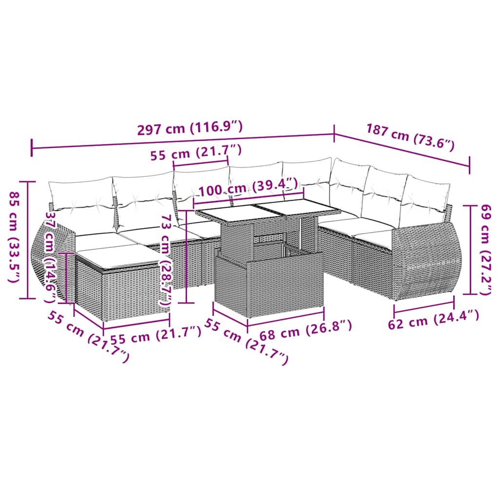 Set Divano da Giardino 9pz con Cuscini Grigio Chiaro Polyrattan | homemem39