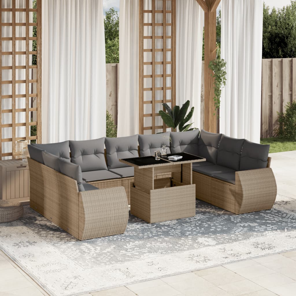 Set Divano da Giardino 10 pz con Cuscini Beige in Polyrattan | homemem39