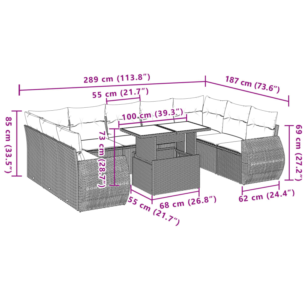 Set Divano da Giardino 10 pz con Cuscini Grigio in Polyrattan | homemem39