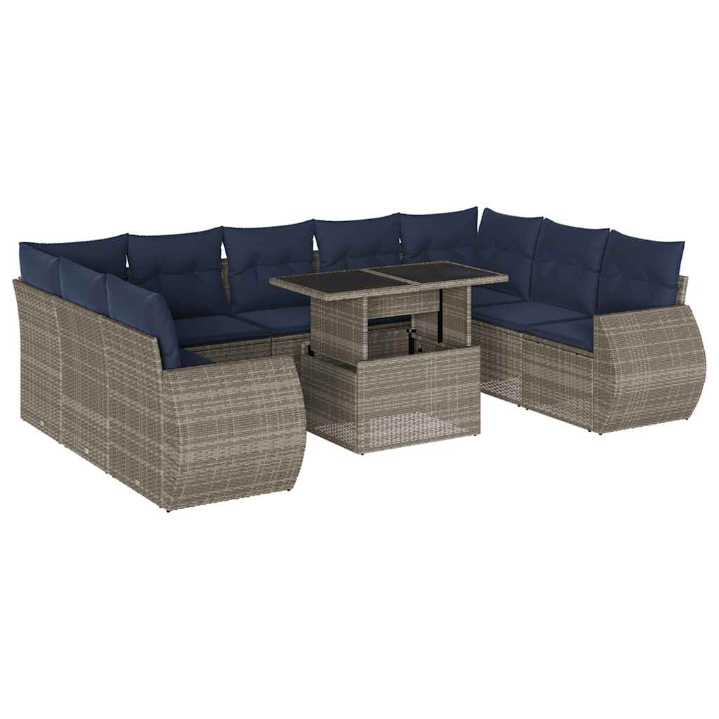 Set Divani da Giardino 10 pz con Cuscini Grigio in Polyrattan