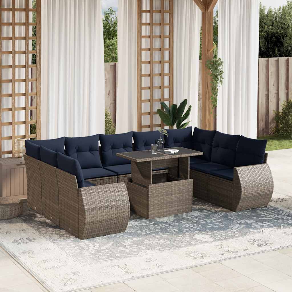 Set Divani da Giardino 10 pz con Cuscini Grigio in Polyrattan
