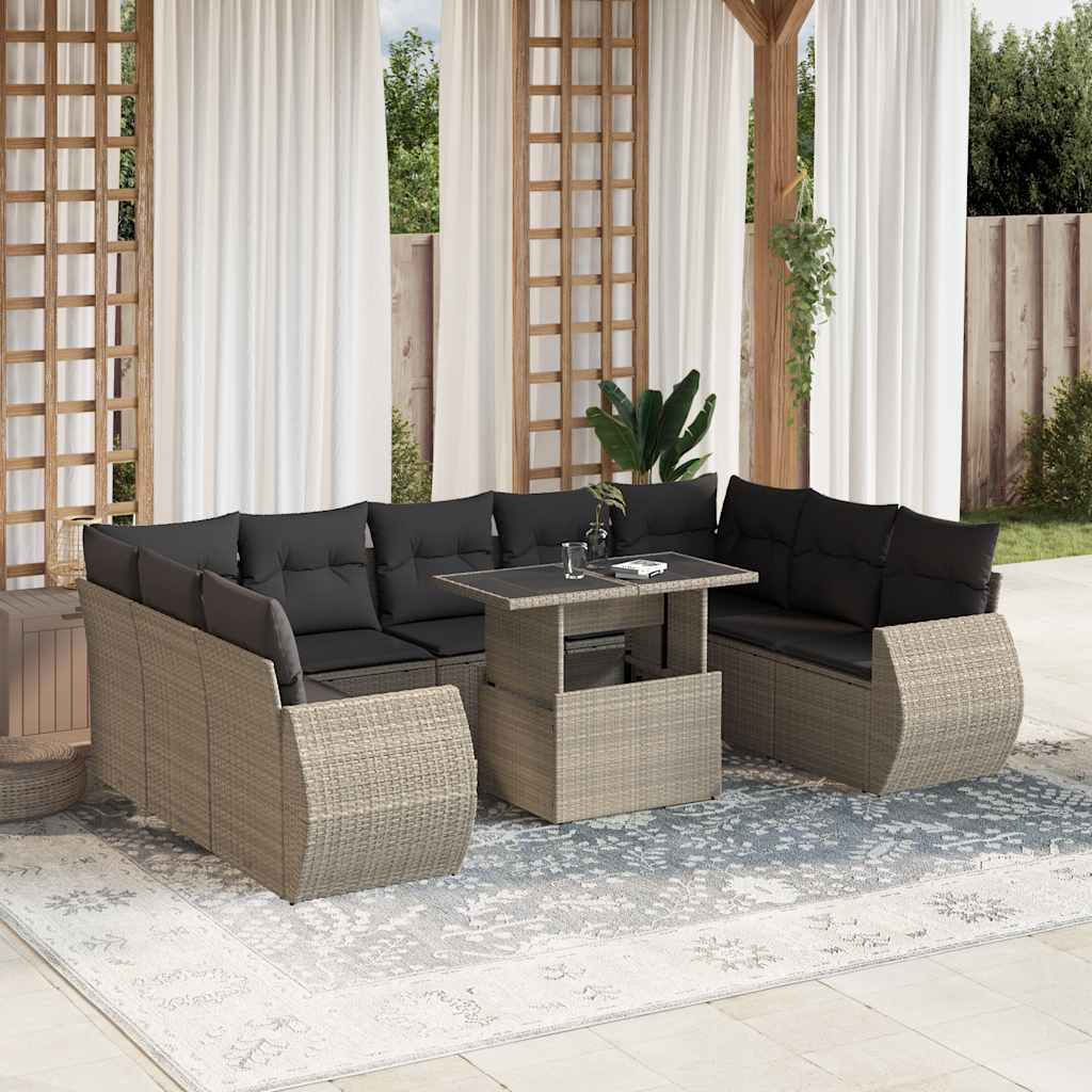 Set Divano Giardino 10 pz con Cuscini Grigio Chiaro Polyrattan - homemem39