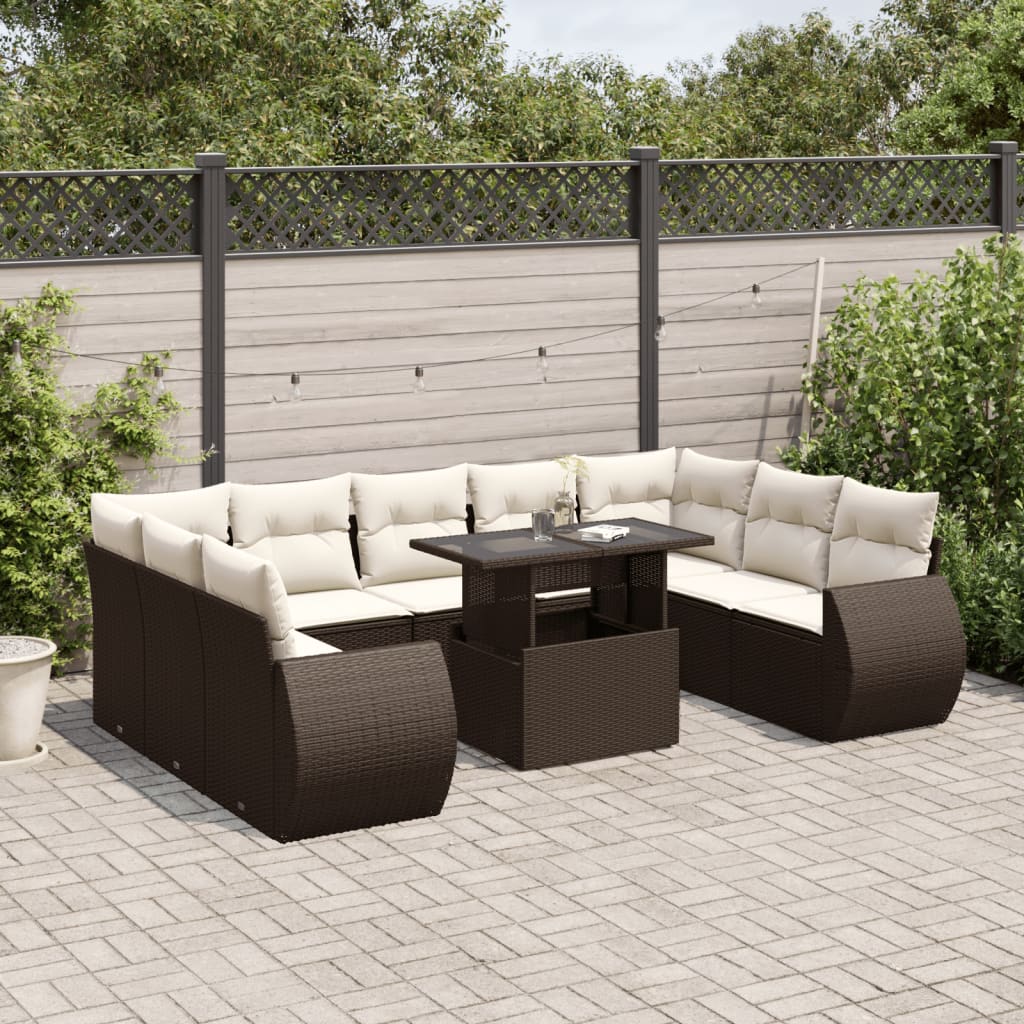 Set Divani da Giardino 10pz con Cuscini in Polyrattan Marrone | homemem39
