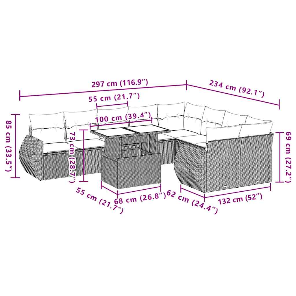 Set Divani da Giardino 10pz con Cuscini in Polyrattan Nero | homemem39
