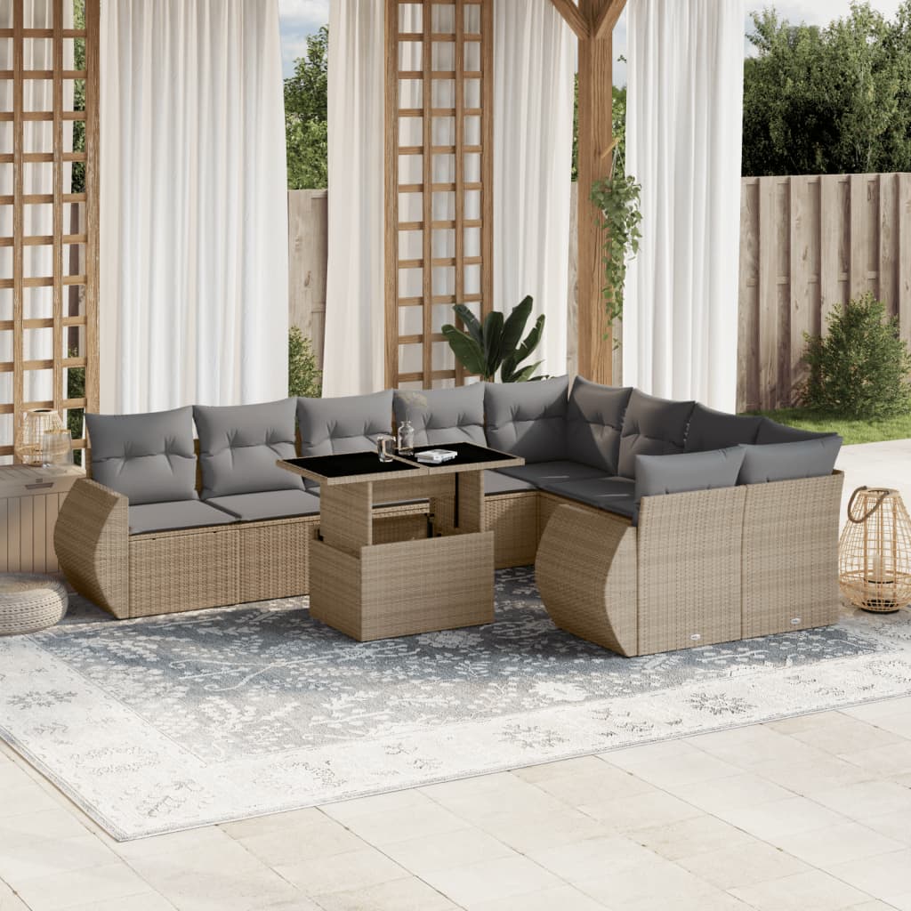Set Divano da Giardino 10 pz con Cuscini Beige in Polyrattan - homemem39