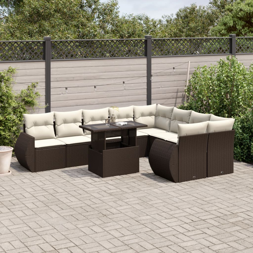 Set Divani da Giardino 10pz con Cuscini in Polyrattan Marrone | homemem39