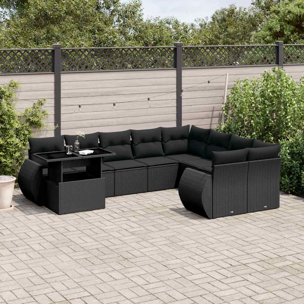 Set Divani da Giardino 10pz con Cuscini in Polyrattan Nero | homemem39