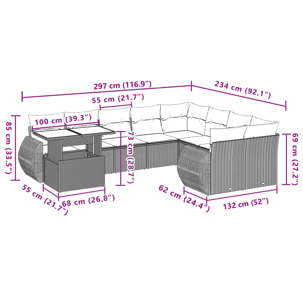 Set Divani da Giardino 10pz con Cuscini in Polyrattan Nero | homemem39