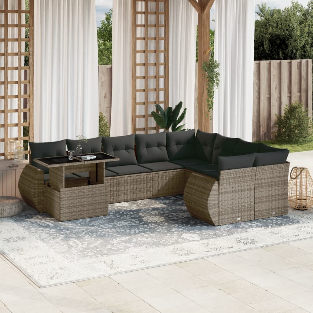 Set Divano da Giardino 10 pz con Cuscini Grigio in Polyrattan - homemem39
