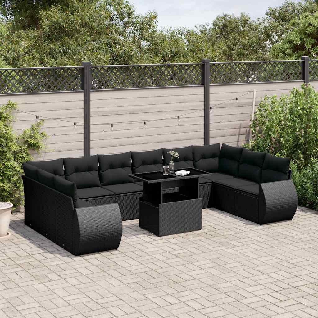 Set Divani da Giardino 11 pz con Cuscini in Polyrattan Nero | homemem39