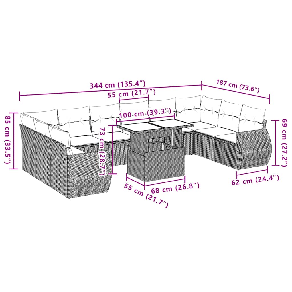Set Divani da Giardino 11 pz con Cuscini Grigio in Polyrattan | homemem39