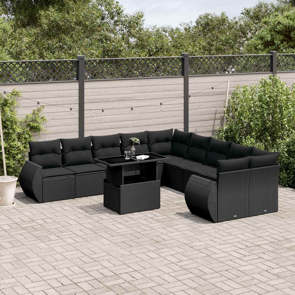Set Divani da Giardino 11 pz con Cuscini in Polyrattan Nero | homemem39