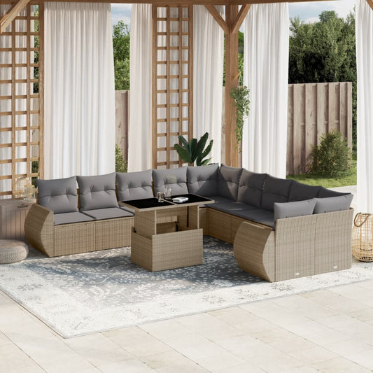 Set Divani da Giardino 11 pz con Cuscini Beige in Polyrattan - homemem39
