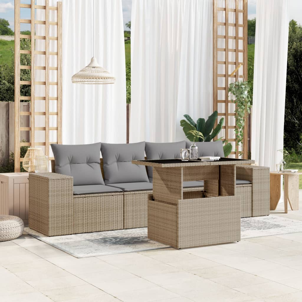 Set Divano da Giardino 5 pz con Cuscini Beige in Polyrattan - homemem39