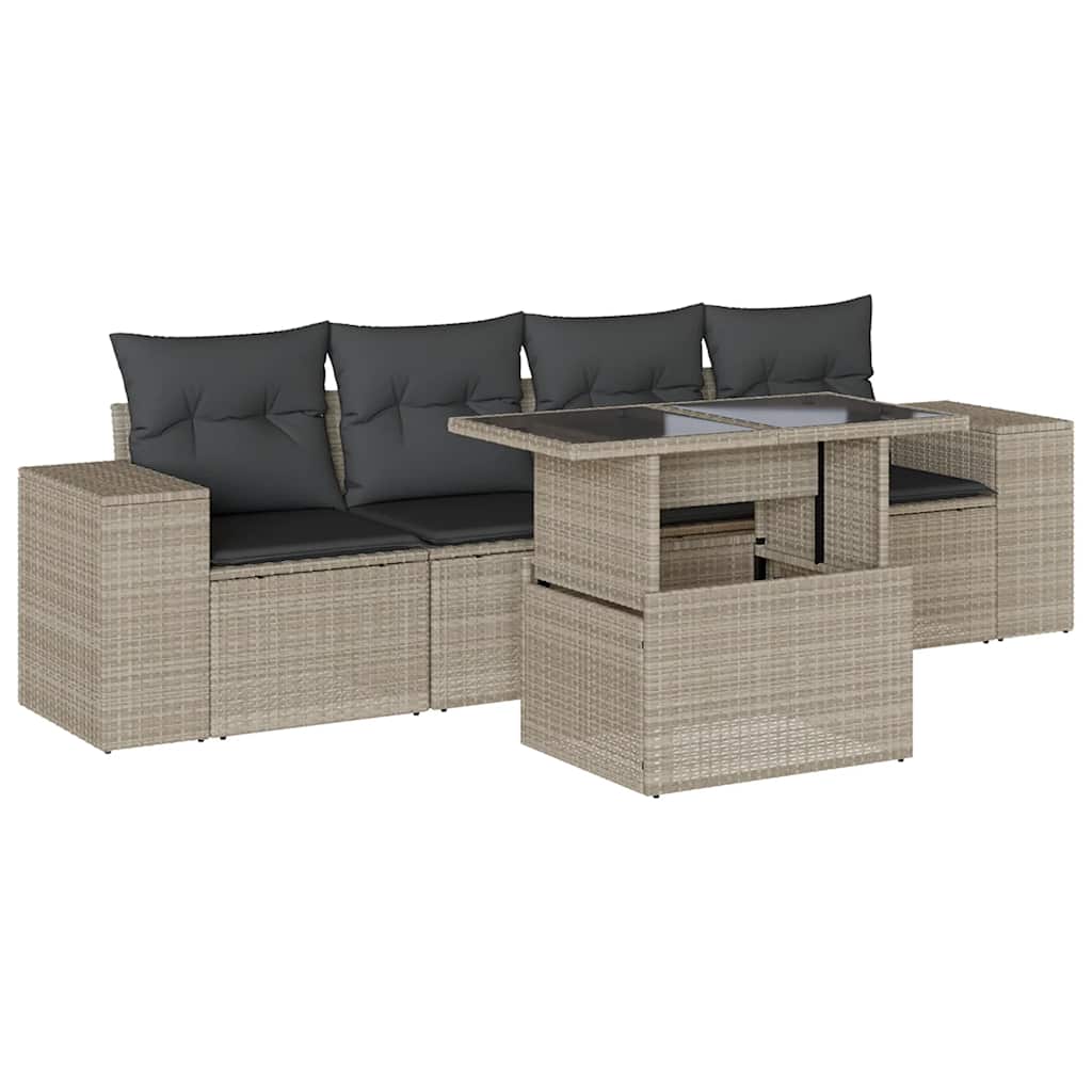 Set Divano da Giardino 5pz con Cuscini Grigio Chiaro Polyrattan | homemem39