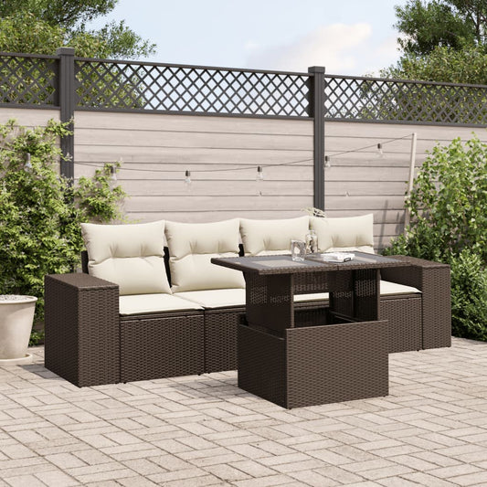 Set Divano da Giardino 5 pz con Cuscini Marrone in Polyrattan - homemem39