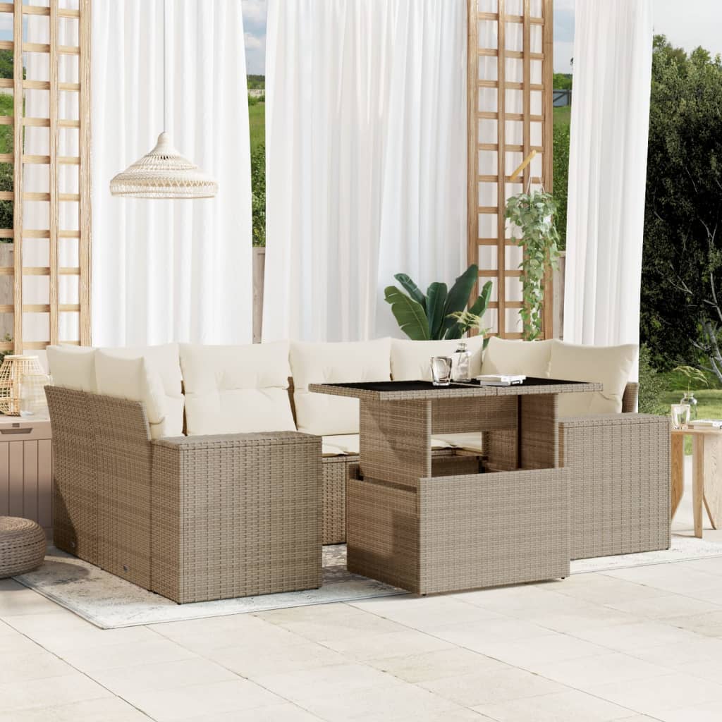 Set Divani da Giardino 7 pz con Cuscini Beige in Polyrattan - homemem39