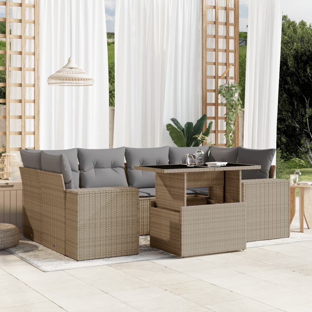 Set Divani da Giardino 7 pz con Cuscini Beige in Polyrattan | homemem39