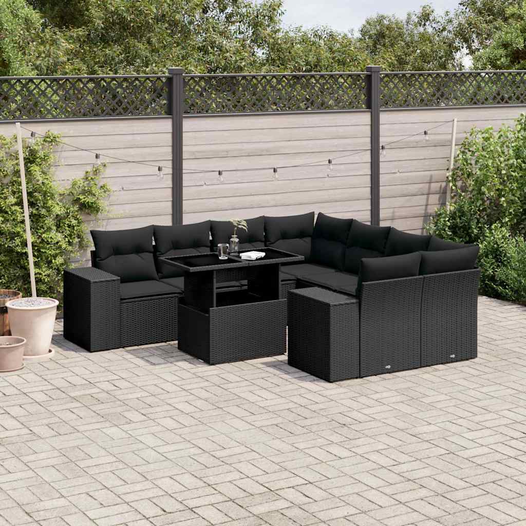 Set Divani da Giardino 9 pz con Cuscini Nero in Polyrattan | homemem39