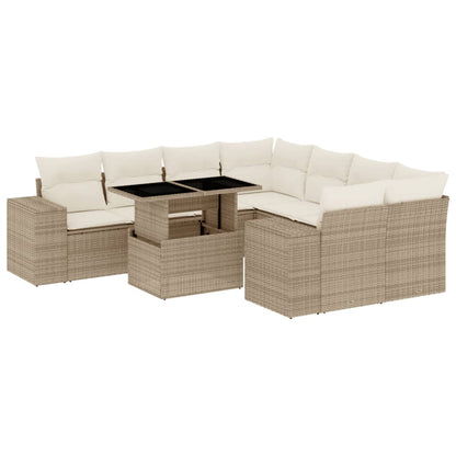 Set Divano da Giardino 9 pz con Cuscini Beige in Polyrattan - homemem39