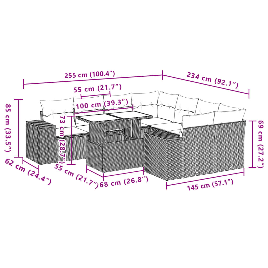 Set Divano da Giardino 9 pz con Cuscini Beige in Polyrattan | homemem39