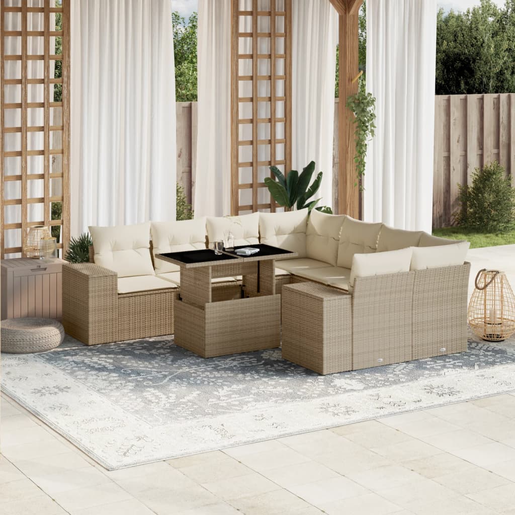 Set Divano da Giardino 9 pz con Cuscini Beige in Polyrattan | homemem39