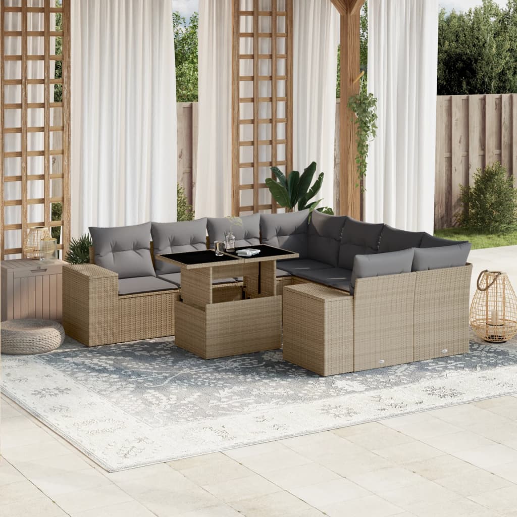 Set Divano da Giardino 9 pz con Cuscini Beige in Polyrattan | homemem39
