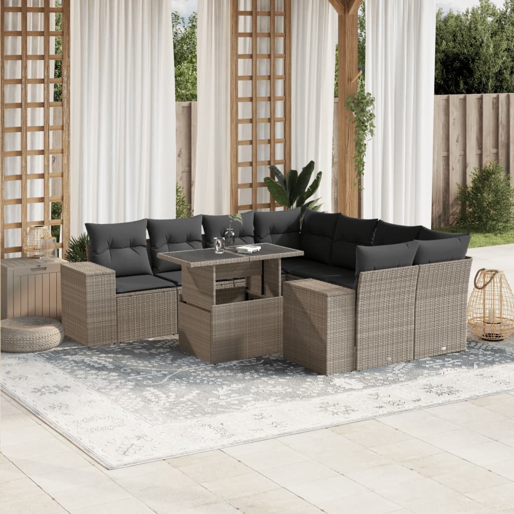 Set Divano da Giardino 9pz con Cuscini Grigio Chiaro Polyrattan - homemem39
