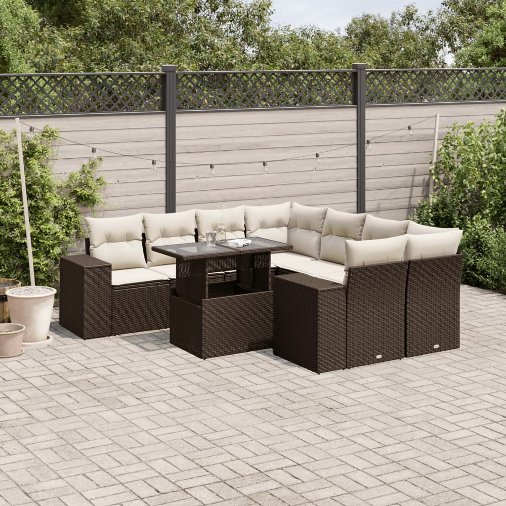 Set Divani da Giardino 9pz con Cuscini Marrone in Polyrattan | homemem39