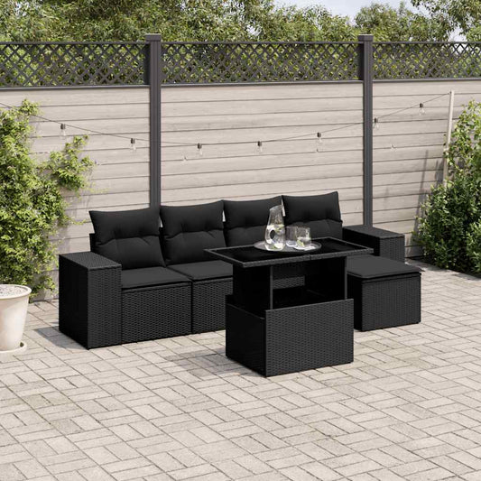 Set Divano da Giardino 6 pz con Cuscini Nero in Polyrattan - homemem39