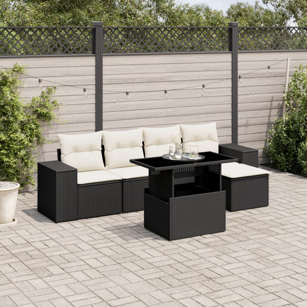 Set Divano da Giardino 6 pz con Cuscini Nero in Polyrattan | homemem39