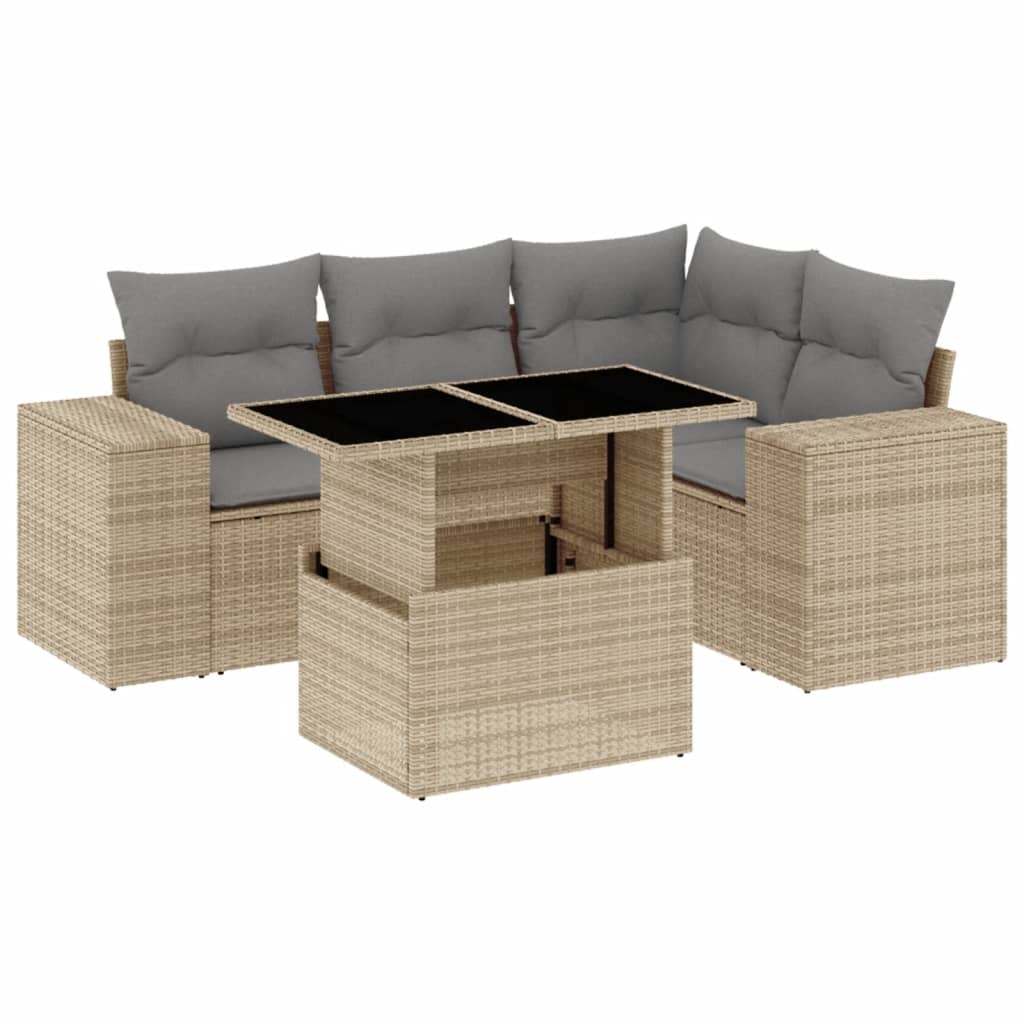 Set Divano da Giardino 5 pz con Cuscini Beige in Polyrattan - homemem39