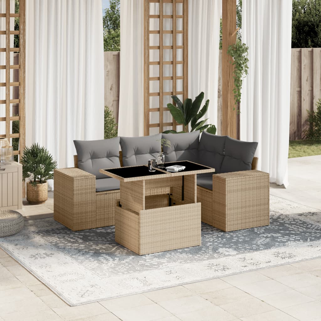 Set Divano da Giardino 5 pz con Cuscini Beige in Polyrattan - homemem39