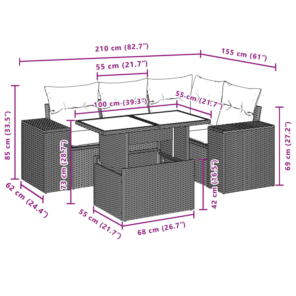 Set Divano da Giardino 5pz con Cuscini Grigio Chiaro Polyrattan | homemem39