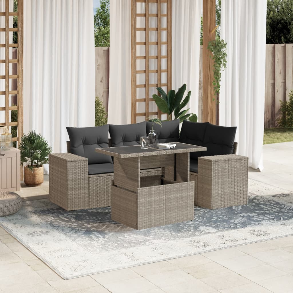 Set Divano da Giardino 5pz con Cuscini Grigio Chiaro Polyrattan - homemem39