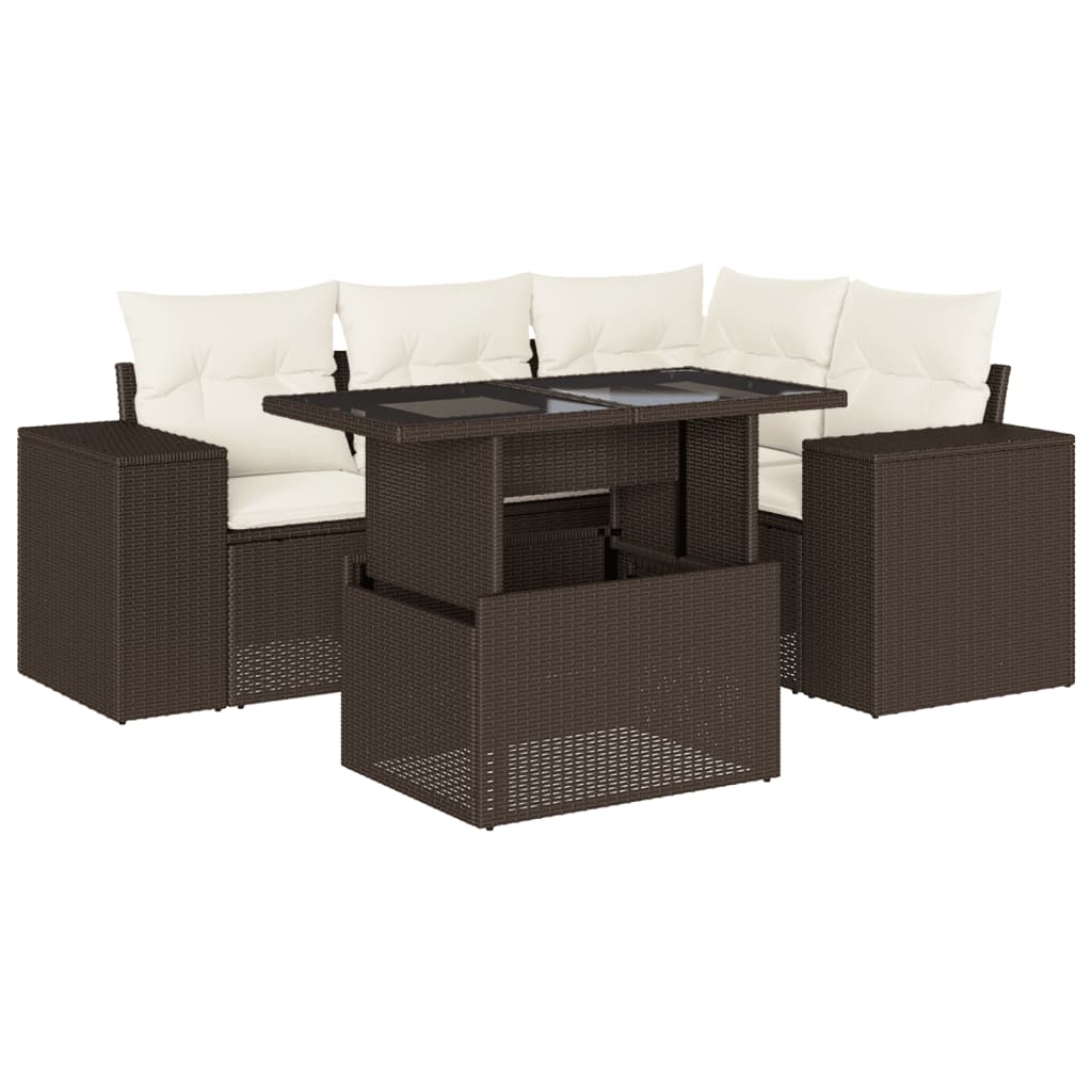 Set Divano da Giardino 5 pz con Cuscini Marrone in Polyrattan - homemem39