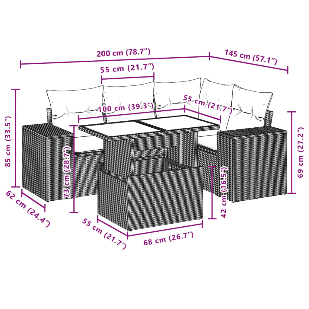 Set Divano da Giardino 5 pz con Cuscini Marrone in Polyrattan | homemem39